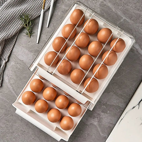 Eggs Fridge Organizer Drawer Bin Set For Maximum Freshness Pro Grade Large Plastic Egg Holder with eggs in transparent trays