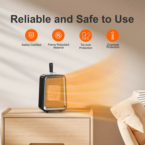 Portable Space Heater 800W 500W Energy Efficient Desk Heater For Indoor Use PTC Ceramic Fast Heating on wooden table