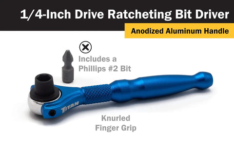 Compact One Quarter Inch Drive Swivel Head Micro Ratcheting Bit Driver With Ninety Tooth Mechanism and blue aluminum handle