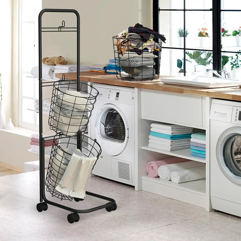 Three-Tier Laundry Cart On Wheels With Heavy-Duty Wire Baskets in a laundry room, showcasing removable bins and garment rack for storage.