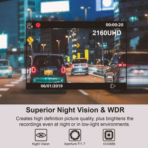 Discreet 4K Ultra HD Dash Cam With 2.4 Inch LCD Screen WiFi 170 Degree Wide Angle G Sensor WDR night vision display.