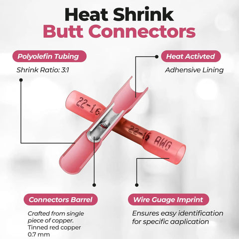 Pro Grade Red Heat Shrink Butt Connectors 0.7mm Tinned Copper Waterproof Crimp Insulated Wiring Splices For AWG 22 to 16
