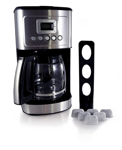 12 Pack Coffee Activated Charcoal Cartridges Water Filter Replacement For DCC RWF And Cuisinart Coffeemaker next to appliance