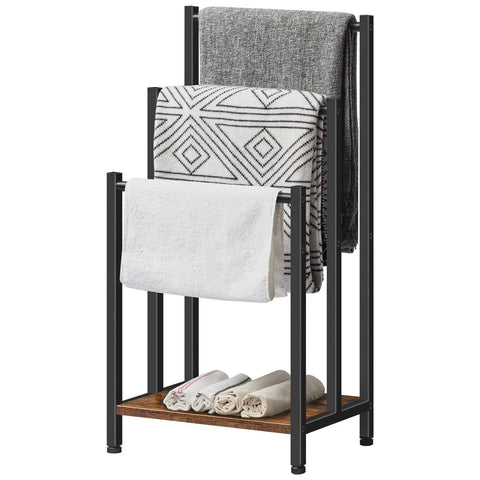 Free Standing Towel Rack And 3 Tier Blanket Organizer Space Saver For Home No Clutter Industrial Metal Drying And Display Rack With Shelf