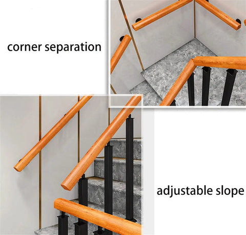 Heavy Duty Adjustable Black Wrought Iron Bracket With 24 Inch Pine Wood Deck Support for stair railings with adjustable slope.