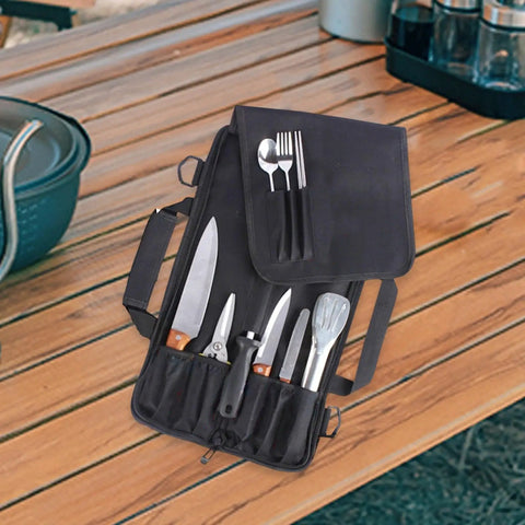Durable Knife Bag With Protective Pouch Multipurpose Oxford Storage Case for knives and utensils on wooden table