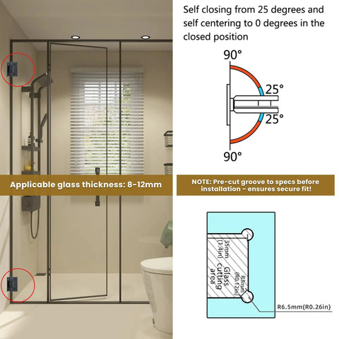 Glass Shower Door Hinge 90 Degree For Bathroom Black Finish Heavy Duty Shower Hardware With Rubber Guard To Protect Glass No Hassle Install Pro Grade Quality 1 Pack, 8-12mm glass