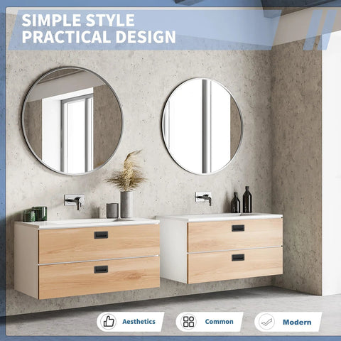 Modern bathroom with wooden cabinets featuring 3 Pack 2.9 Inch Invisible Flush Drawer Pull Handles With Screws Zinc Alloy Concealed Ring Pull Hidden Recessed Furniture Grips For Cabinets Closets Cupboards Doors Black.