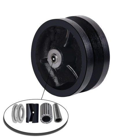 Angled front view of 4 in x 1-1/2 in cast iron V-groove caster wheel with straight roller bearing, black.