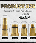 4 Piece Compression Tester Adapter Kit with 10mm-1.0, 12mm-1.25, 16mm-1.5, 18mm-1.5 thread sizes for gas engines and motorcycles