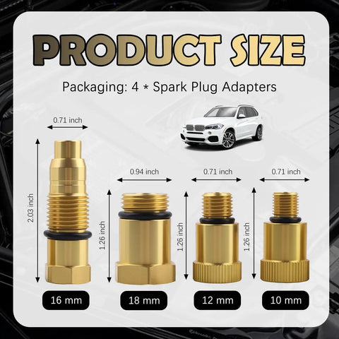 4 Piece Compression Tester Adapter Kit with 10mm-1.0, 12mm-1.25, 16mm-1.5, 18mm-1.5 thread sizes for gas engines and motorcycles