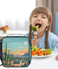 Child eating salad with Desert Cactus Lunch Bag With Thick Insulation Leakproof Cooler Tote On The Go next to her