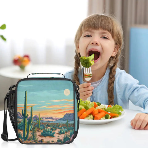 Child eating salad with Desert Cactus Lunch Bag With Thick Insulation Leakproof Cooler Tote On The Go next to her