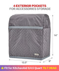 Grey quilted dust cover with handy pockets for stand mixer, 13.5x9x14 in, fits 4.5 to 5 qt KitchenAid tilt head models.