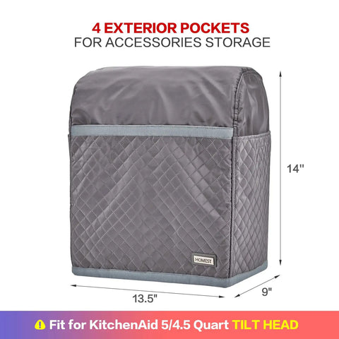 Grey quilted dust cover with handy pockets for stand mixer, 13.5x9x14 in, fits 4.5 to 5 qt KitchenAid tilt head models.