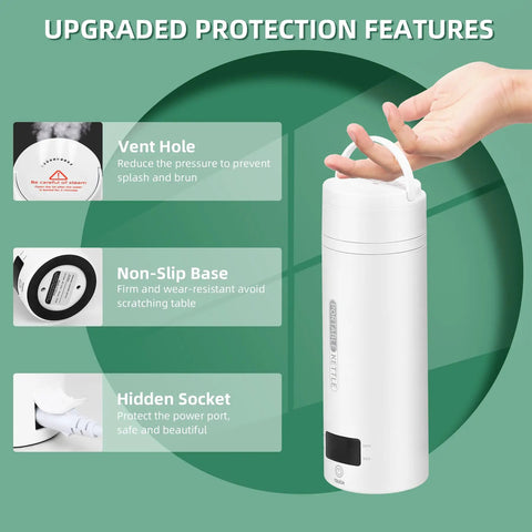 Ultimate Travel Electric Kettle 450Ml Portable Mini Water Boiler for Tea and Coffee with vent hole, non-slip base, and hidden socket.