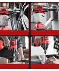 Gangsuqd Brushless Cordless Impact Wrench With High Torque For Car Repair And Home Use, shown loosening wheel bolts and drilling wood.