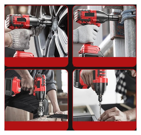 Gangsuqd Brushless Cordless Impact Wrench With High Torque For Car Repair And Home Use, shown loosening wheel bolts and drilling wood.