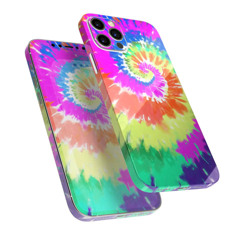 Spiral Tie Dye Full Body Skin Decal Wrap Kit For iPhone 13 with vibrant matte finish showing front and back skin views.