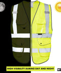 Built Tough Class Two High Visibility Construction Vest With Nine Roomy Cargo Pockets And Heavy Duty Zipper Front For All Day Job Site Comfort In Bold Safety Yellow, showing both day and night visibility features.