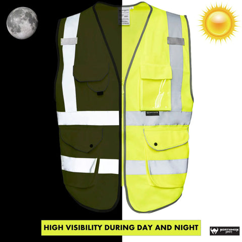 Built Tough Class Two High Visibility Construction Vest With Nine Roomy Cargo Pockets And Heavy Duty Zipper Front For All Day Job Site Comfort In Bold Safety Yellow, showing both day and night visibility features.