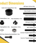 Detailed dimensions of 14 Piece Power Steering And Alternator Pulley Tool Kit components with sizes in millimeters and inches.