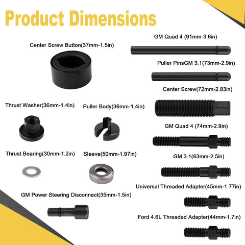 Detailed dimensions of 14 Piece Power Steering And Alternator Pulley Tool Kit components with sizes in millimeters and inches.