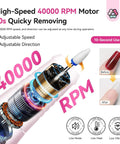Diagram showing Pro Grade Nail Drill 40000 RPM Portable Diamond Kit with ceramic bits, speed features, and nail before-after comparison.