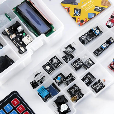 Upgraded 37-In-1 Sensor Modules Kit With Tutorial for Arduino R3 Mega 2560 Nano compatible shown in open box