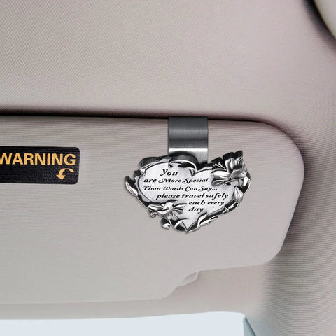 Heart Shaped Car Visor Clip Set With You Are More Special Than Words Can Say Please Travel Safely Each Day Message attached to car visor