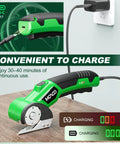 Cordless 4V Electric Box Cutter With Led Light And Safety Lock Powerfully Slices Cardboard Boxes charging at USB-C port.