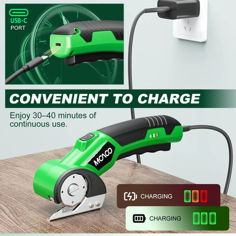 Cordless 4V Electric Box Cutter With Led Light And Safety Lock Powerfully Slices Cardboard Boxes charging at USB-C port.
