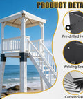 Four Piece Trail Tough Heavy Duty Steel Deer Stand Brackets For 4x4 Posts shown mounted on a wooden platform near the beach.
