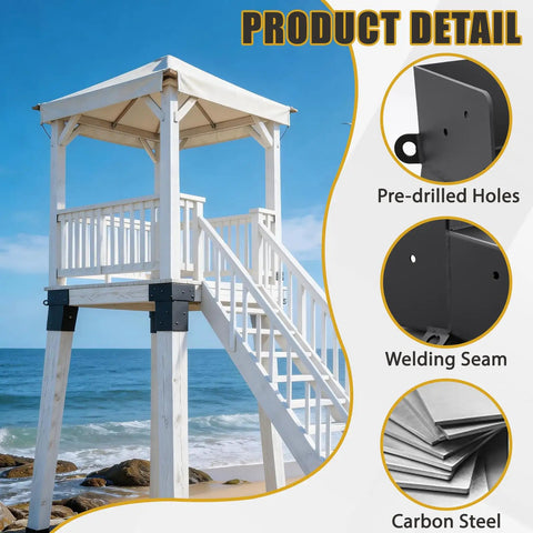 Four Piece Trail Tough Heavy Duty Steel Deer Stand Brackets For 4x4 Posts shown mounted on a wooden platform near the beach.
