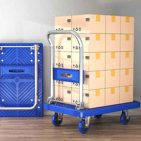 Rock Solid Heavy Duty Folding Platform Truck Rated For One Hundred Fifty Kilos with stacked boxes on a blue cart.