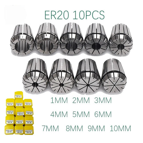 Get Your Hands On This Awesome ER16 ER20 ER25 Collet Chuck Set With 1 To 16mm Spring Tool Holder For Machining CNC Lathe Mill And Engraving Machines That Are Totally Rad And Built Like Tanks - ER20 collet set with sizes 1mm to 10mm shown, high-grade spring steel material.