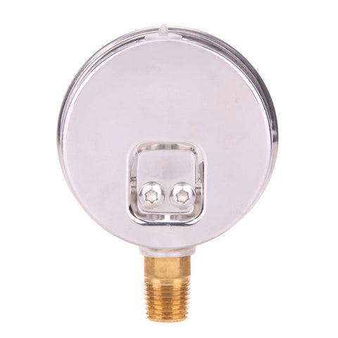 Back view of MEASUREMAN pressure gauge with brass 1/4 NPT fitting and stainless steel case.