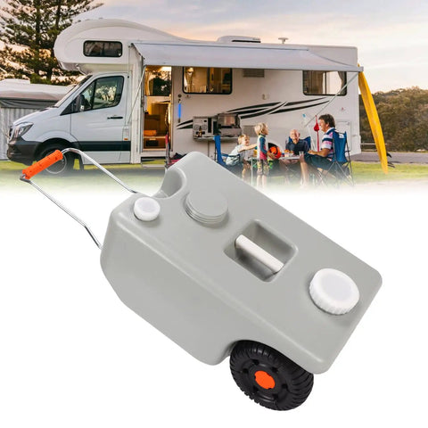 25L Portable RV Waste Tote Tank Made From HDPE, Heavy Duty Holding Tank shown near a camper with a family outdoors.