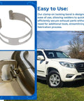 Stainless Steel Exhaust Pipe Tacking Band Set for Tig Welding Fabrication Clamp On Five Piece Kit with car in background.