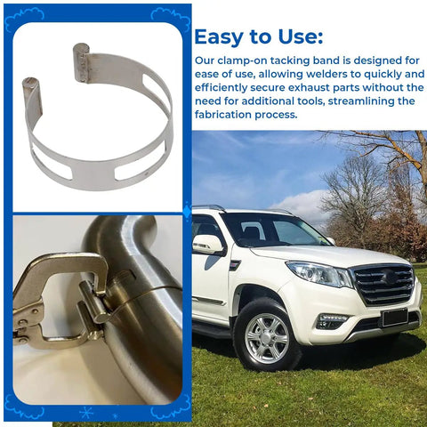 Stainless Steel Exhaust Pipe Tacking Band Set for Tig Welding Fabrication Clamp On Five Piece Kit with car in background.