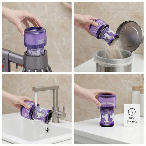 3 Pack Replacement V12 Filters SV30 SV46 in use with vacuum and being cleaned, showing washability and installation process.