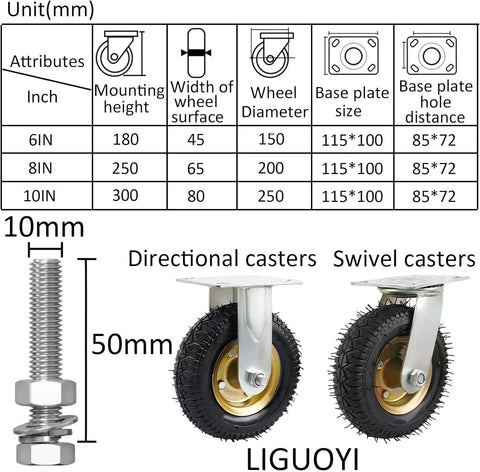 Heavy Duty Pneumatic Caster Wheels Two Pack Silent Swivel Rocker Casters 10 Inch With Shock Absorbing Base And Hassle Free Mounting Screws For Furniture Rolls Smooth High Load Capacity Done Right