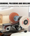 Upgrade Your Workshop With This Versatile Mini Electric Belt Grinder And Sander, featuring sanding and polishing wheels, home use.