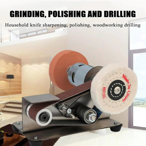Upgrade Your Workshop With This Versatile Mini Electric Belt Grinder And Sander, featuring sanding and polishing wheels, home use.