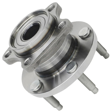 Pair Rear Wheel Bearing And Hub Assembly Fits 2007 Through 2010 Ford Edge And Lincoln Mxk Awd 5 Lug Non Abs Direct Bolt On Replacement close-up view of wheel hub with smooth metal finish and mounting bolts.