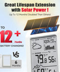 Wireless Weather Station With Dual Zone Indoor Outdoor Monitor For Home And Kids Room 100m Range Temp Humidity Barometric Trend Visualization Auto Backlight Easy Setup White And Orange with solar power and lifespan extension details.