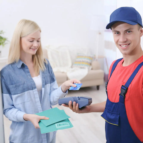 Person handing teal 6x9 Bubble Mailer 50 Pack Waterproof Padded Envelopes With Strong Self Seal Adhesive to delivery worker