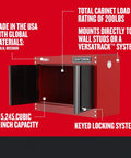 Tough Heavy Duty Metal Garage Storage Cabinet With Wall Mount 2 Door Design And Internal Locking System For Secure Tool Storage 200 Lb Capacity 5,245 Cu In Made In USA, red color, open door, side view.