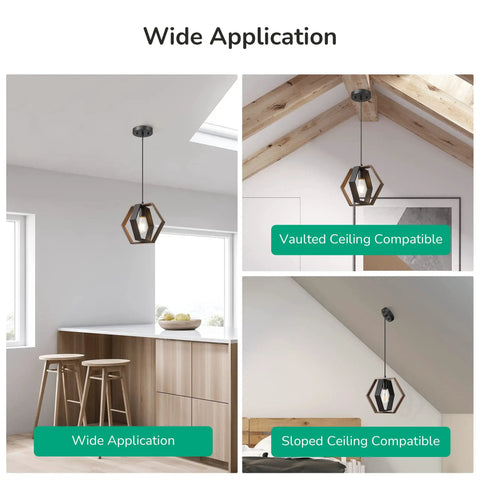 Dope Farmhouse Hex Pendant Light For Kitchen Island And Hallway, Wood Grain And Black Finish Hanging Light in kitchen and hallway settings