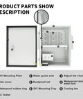 Built Damn Tough Nema Outdoor Electrical Box Enclosure IP65 showing internal parts including AC outlet, mounting tray, and waterproof lock.